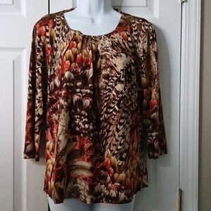 N Touch 3/4th length sleeve brown tall cream color blouse  Sz L EUC